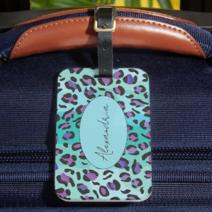 Retro Blue and Purple Leopard Print Luggage Tag