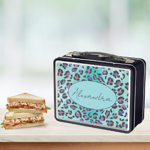 Retro Blue and Purple Leopard Print Monogram  Metal Lunch Box