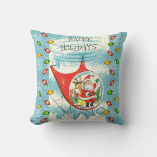 Retro Blue and Santa Clause flying a Helicopter Throw Pillow