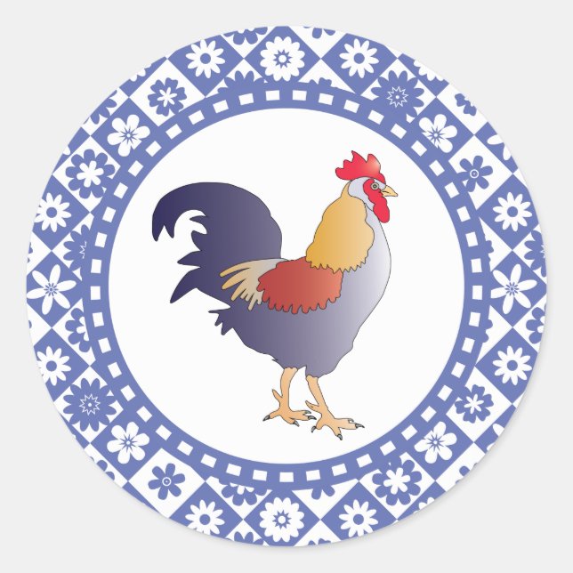 Retro Blue and White French Rooster and Flowers Classic Round Sticker (Front)