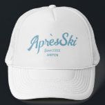 Retro blue Apres Ski Custom Ski Resort Party Trucker Hat<br><div class="desc">The Retro Blue Après Ski Custom Ski Resort Party Trucker Hat is the perfect blend of retro style and laid-back comfort for your post-slope celebrations. Featuring a bold red design with customizable ski resort details, this hat combines a crisp front panel with a breathable mesh back and an adjustable snapback...</div>