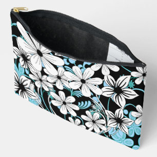 Retro Blue Black and White Floral Pattern Accessory Pouch