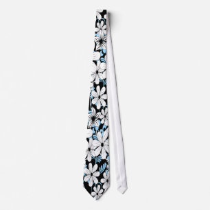 Retro Blue Black and White Floral Pattern Tie