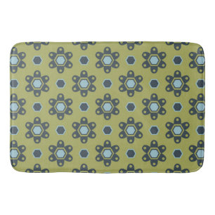 Retro Blue & Black Daisies on Green Floral Pattern Bath Mat
