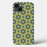 Retro Blue & Black Daisies on Green Floral Pattern