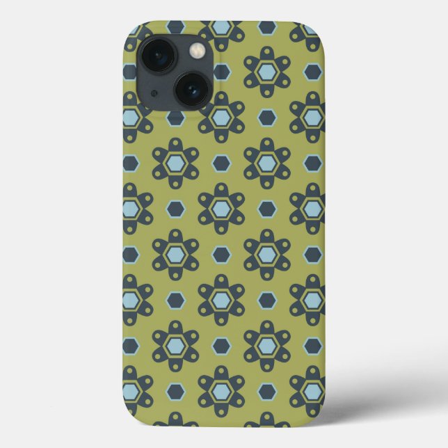 Retro Blue & Black Daisies on Green Floral Pattern Case-Mate iPhone Case (Back)