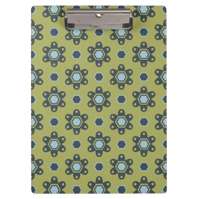 Retro Blue & Black Daisies on Green Floral Pattern Clipboard (Front)