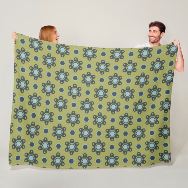 Retro Blue & Black Daisies on Green Floral Pattern Fleece Blanket (In Situ)