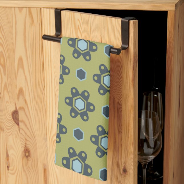 Retro Blue & Black Daisies on Green Floral Pattern Kitchen Towel (Thirds Fold)