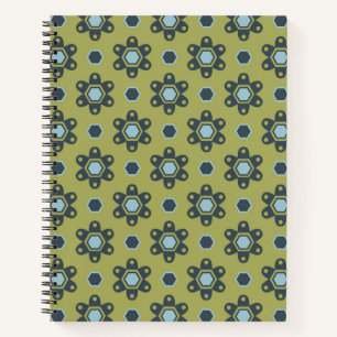 Retro Blue & Black Daisies on Green Floral Pattern Notebook