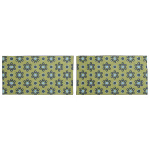 Retro Blue & Black Daisies on Green Floral Pattern Pillowcase
