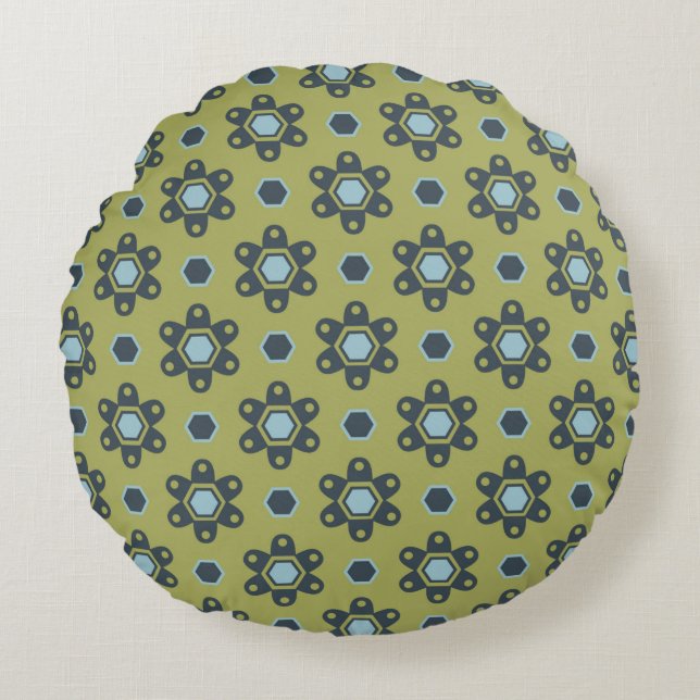 Retro Blue & Black Daisies on Green Floral Pattern Round Pillow (Front)