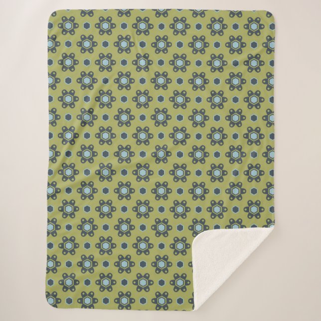 Retro Blue & Black Daisies on Green Floral Pattern Sherpa Blanket (Front)