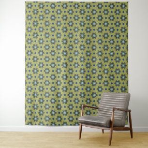 Retro Blue & Black Daisies on Green Floral Pattern Tapestry