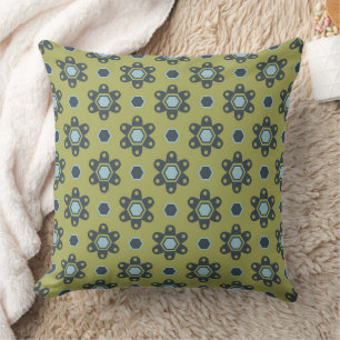 Retro Blue & Black Daisies on Green Floral Pattern Throw Pillow