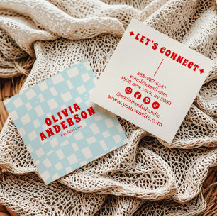 Retro Blue Bold 70's Boho Groovy Checkered Trendy Square Business Card