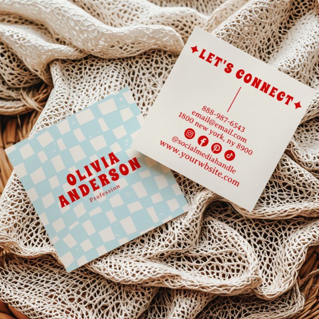 Retro Blue Bold 70's Boho Groovy Chequered Trendy Square Business Card (Creator Uploaded)