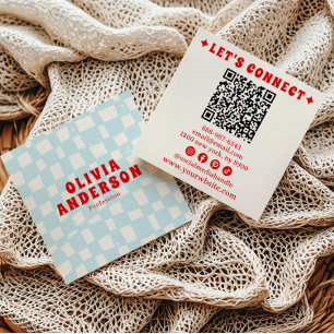 Retro Blue Bold Groovy QR Code Chequered Trendy  Square Business Card