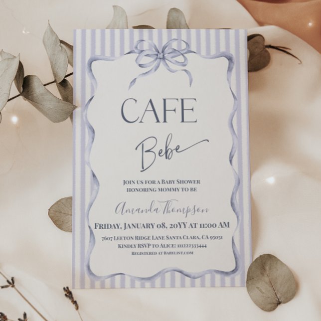 Retro Blue Bow Cafe Bebe Boy Coffee Baby Shower Invitation (Creator Uploaded)