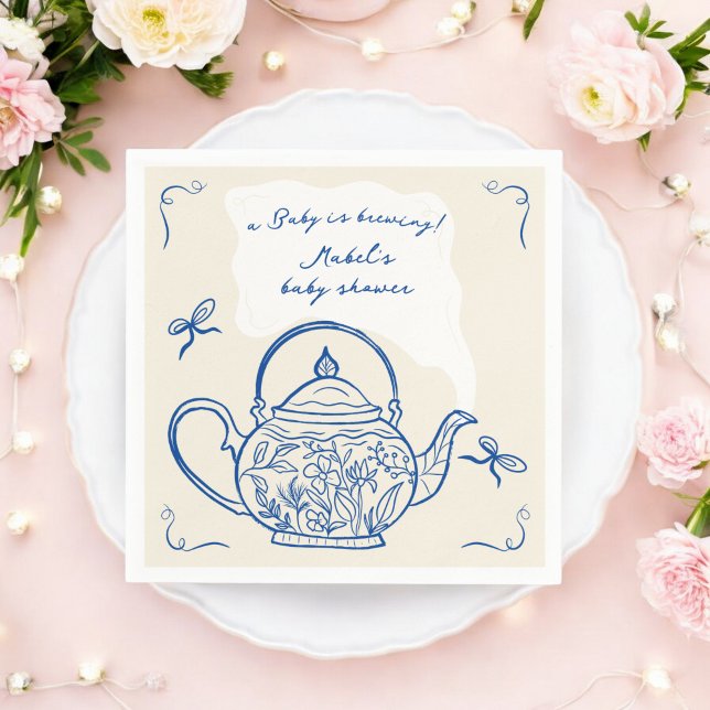 Retro blue bows teapot baby is brewing shower napkin (Retro blue bows teapot baby is brewing shower napkins)
