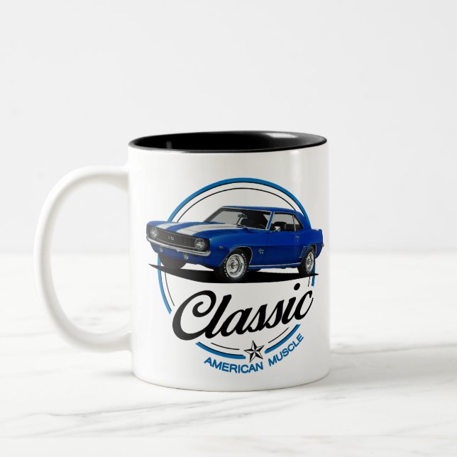 Retro Blue Camaro Classic Two-Tone Coffee Mug (Left)