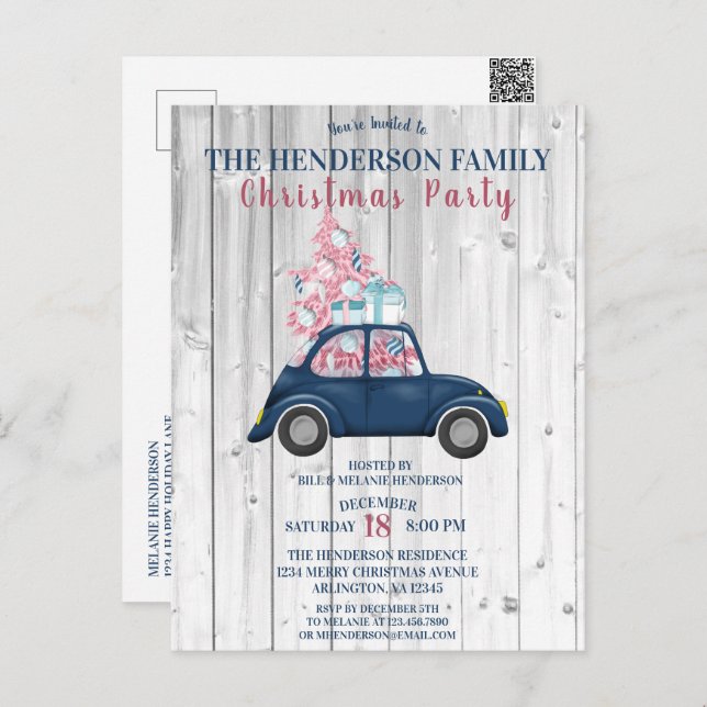 Retro Blue Car Pink Xmas Tree Christmas Party  Postcard (Front/Back)