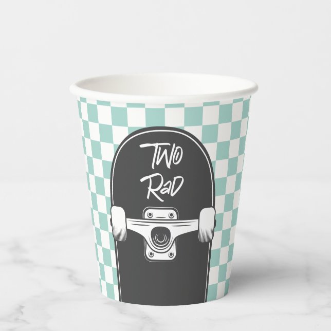 Retro blue check Skateboard two rad 2nd Birthday Paper Cups (Front)