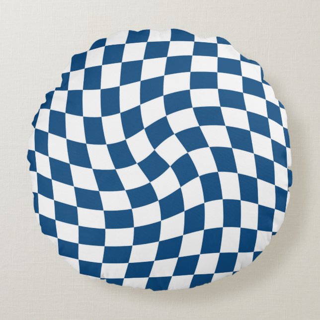 Retro Blue Checks Warped Chequered Dorm Room Round Pillow (Front)