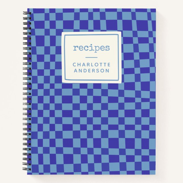 Retro Blue Chequerboard Personalized Recipes Notebook (Front)