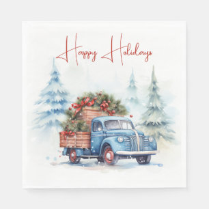 Retro Blue Christmas Truck Napkin