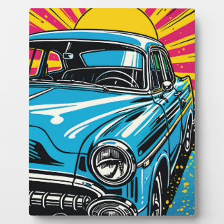Retro Blue Classic Car Front Pop Art Illustration Plaque
