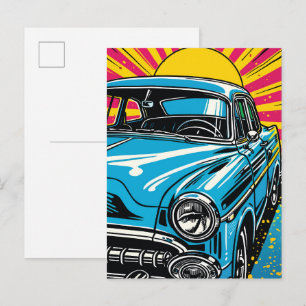 Retro Blue Classic Car Front Pop Art Illustration Postcard