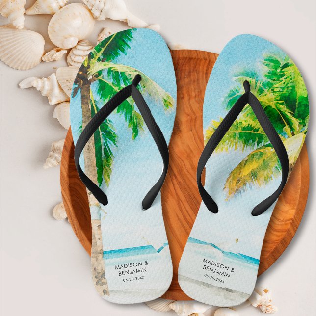 Retro Blue Coastal Beach Palm Trees Tropical Ocean Flip Flops (Creator Uploaded)