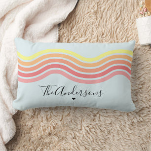 Retro Blue Colourful Groovy Wavy Lines Lumbar Pillow