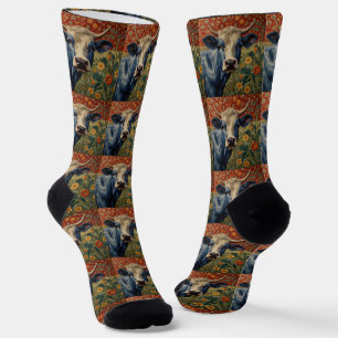 Retro Blue cow in sunflower garden Socks