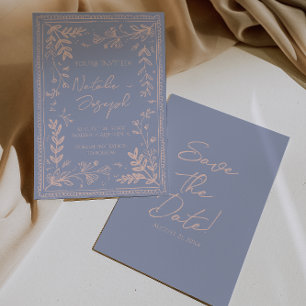 Retro Blue Cream Drawn Floral Garden Save The Date