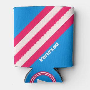 Retro Blue Crush Stripes with Name Can Cooler