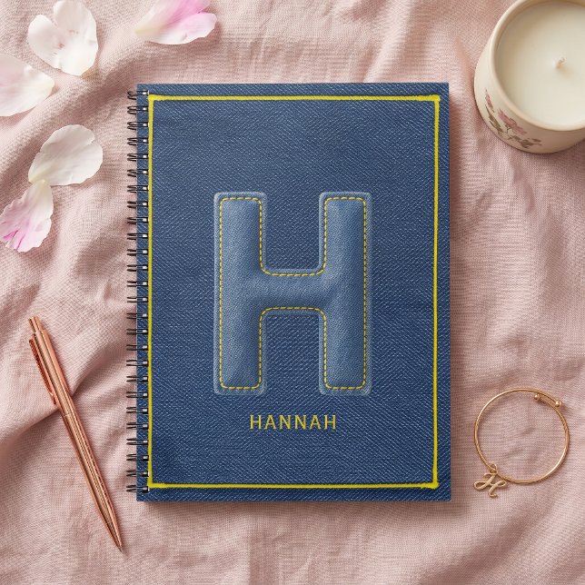 Retro Blue Denim Yellow Stitch Monogram Letter H Notebook (Creator Uploaded)