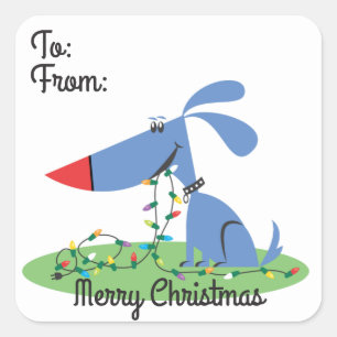 Retro Blue Dog with Lights Christmas Gift Tag
