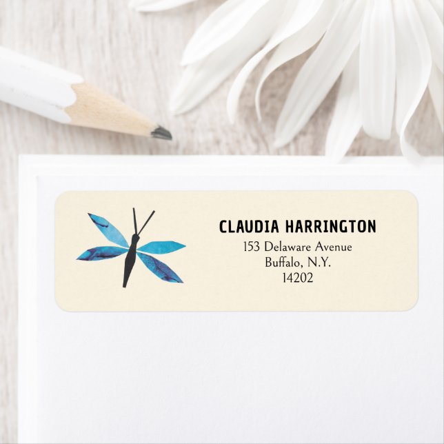 Retro Blue Dragonfly Original Art Return Address (Insitu)