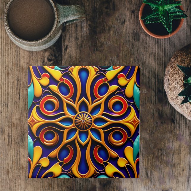 Retro Blue Floral Art Deco Illustration Tile (Creator Uploaded)