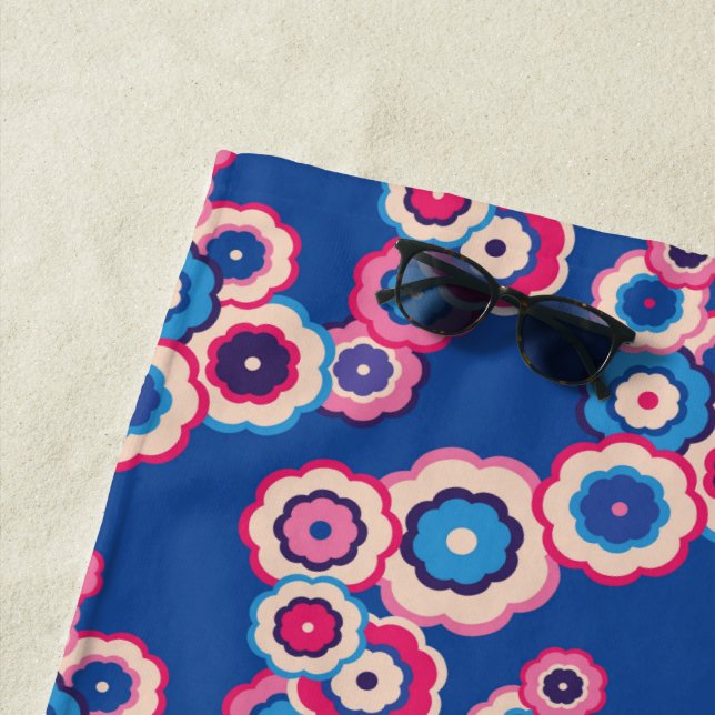 Retro Blue Floral Beach Towel (In Situ)
