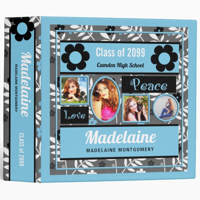 Retro Blue Floral Photo Collage Back to School Binder (Front/Spine)
