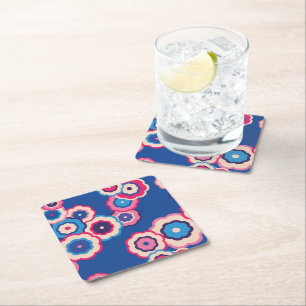 Retro Blue Floral Square Paper Coaster