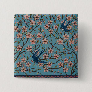 Retro Blue Floral Swallow Pattern by Walter Crane 2 Inch Square Button