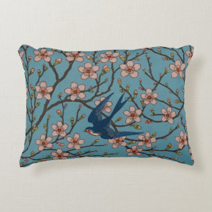 Retro Blue Floral Swallow Pattern by Walter Crane Accent Pillow