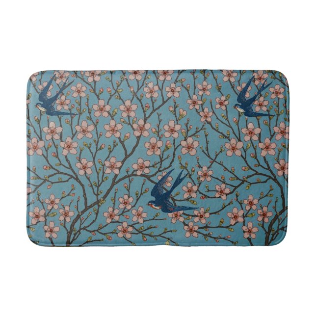 Retro Blue Floral Swallow Pattern by Walter Crane Bath Mat (Front)