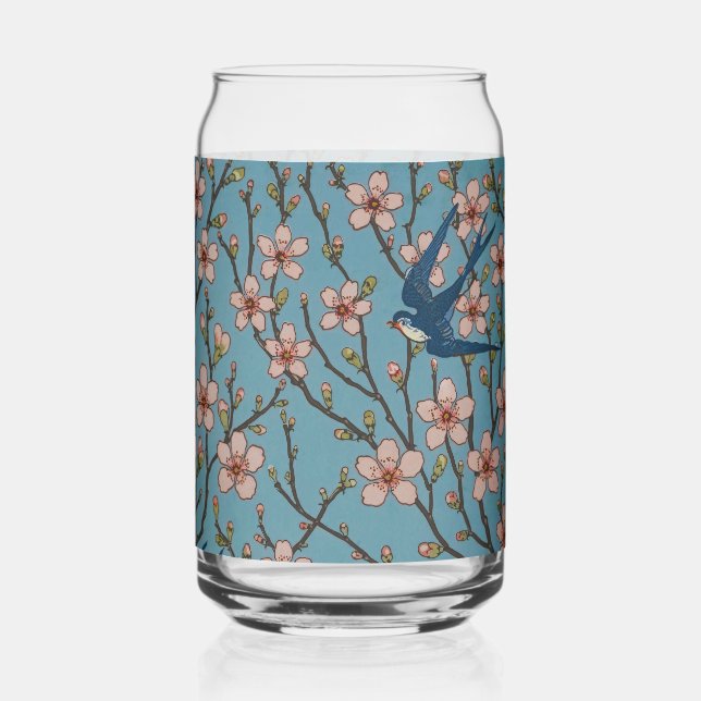 Retro Blue Floral Swallow Pattern by Walter Crane Can Glass (Back)