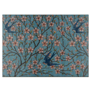 Retro Blue Floral Swallow Pattern by Walter Crane Cutting Board