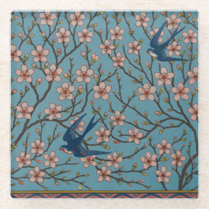 Retro Blue Floral Swallow Pattern by Walter Crane Glass Coaster